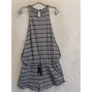Roxy Women's M‎ Romper Navy White Wave Pattern Drawstring Waist Keyhole Back